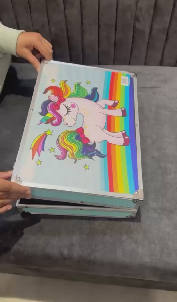 Unicorn Design Color Set video showing kids using coloring pens, stickers, and glitter for creative fun