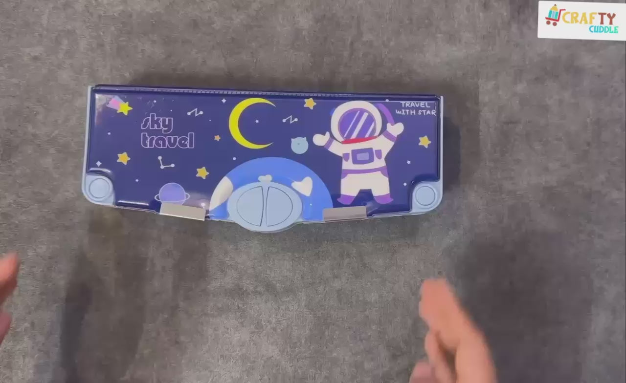 Video showcasing the blue sky travel pencil box with button-activated compartments opening one by one — scissor holder, sharpener, tape cutter, and storage compartment — plus dual-side views for organized school supplies.