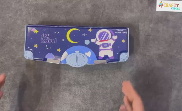 Video showcasing the blue sky travel pencil box with button-activated compartments opening one by one — scissor holder, sharpener, tape cutter, and storage compartment — plus dual-side views for organized school supplies.