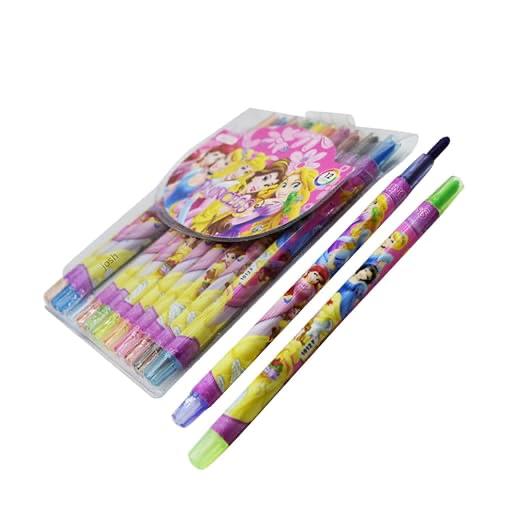 Set of Disney Princess-themed crayons with a clear case on a white background