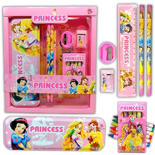 Princess-themed stationery set with various items including a pencilbox, pencils, and ruler.
