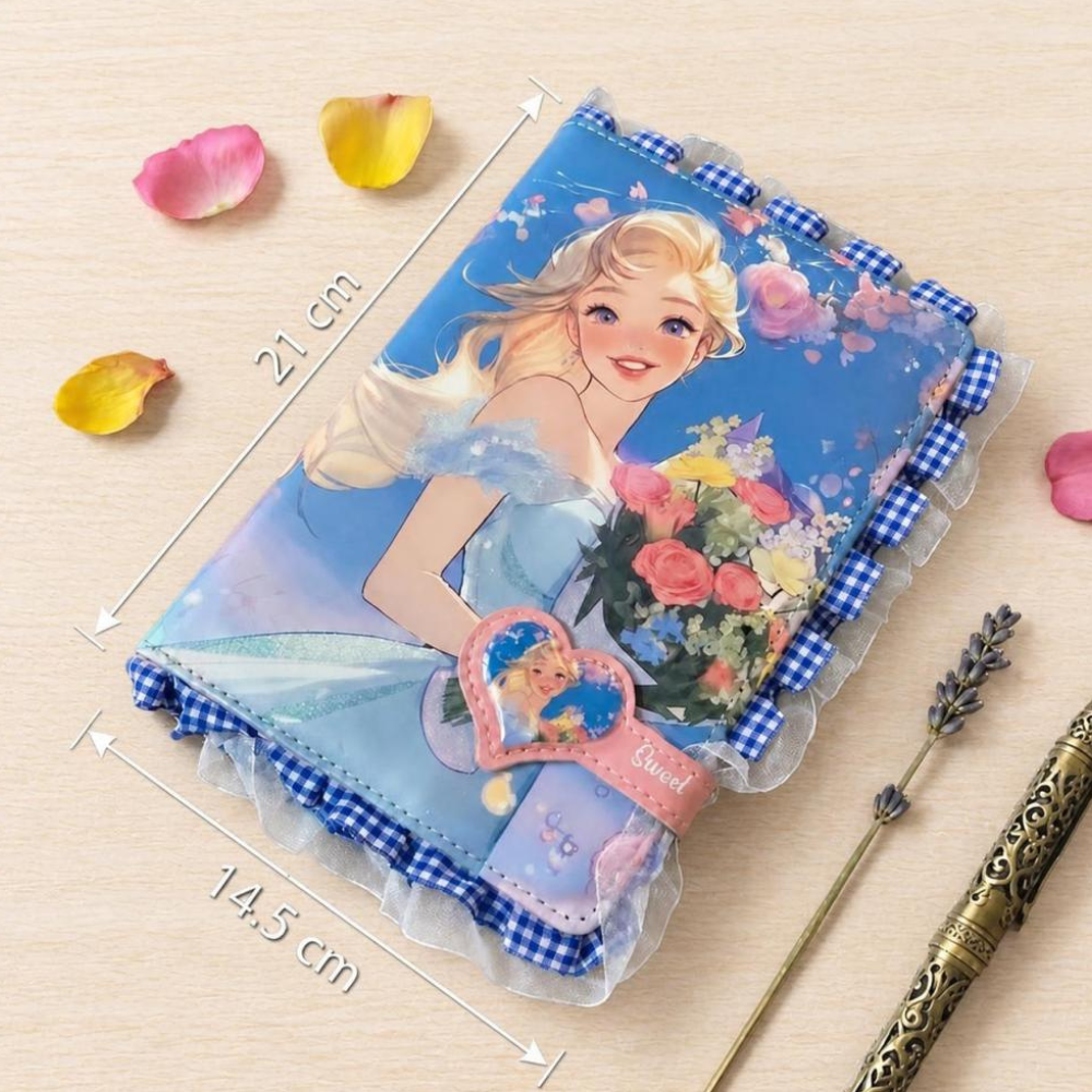 Princess Theme Magnetic Closure DiaryDiaryCrafty CuddleNotebook with a decorative cover featuring a cartoon character and floral design, placed on a beige surface with measurement markings.PrincessDiary CuteStationery DiaryLovers JournalAddict NotebookLove GirlsDiary StationeryAddict AestheticStationery SchoolSupplies GiftForGirlsStationeryAddict