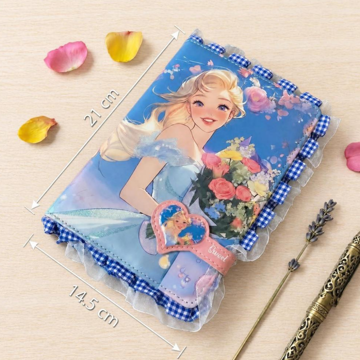 Princess Theme Magnetic Closure DiaryDiaryCrafty CuddleNotebook with a decorative cover featuring a cartoon character and floral design, placed on a beige surface with measurement markings.PrincessDiary CuteStationery DiaryLovers JournalAddict NotebookLove GirlsDiary StationeryAddict AestheticStationery SchoolSupplies GiftForGirlsStationeryAddict