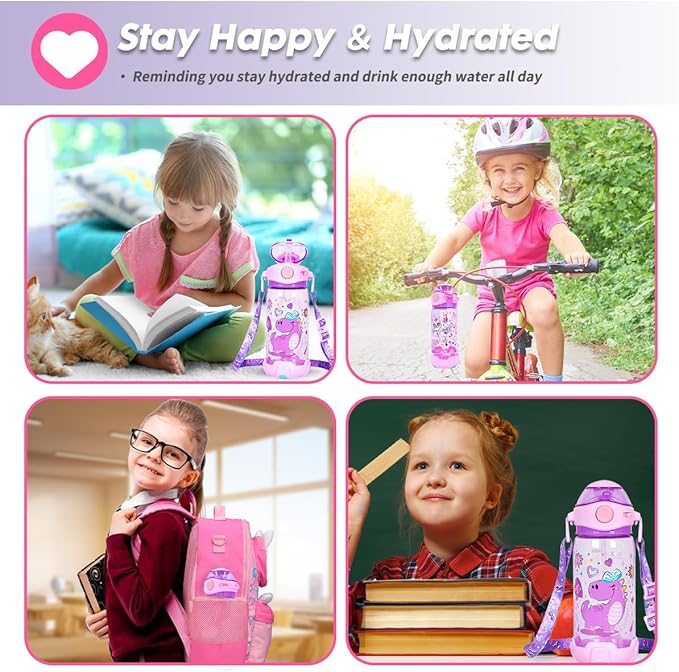 Four scenes featuring a purple dinosaur themed kids water bottle: first, a girl reading a book with the bottle beside her; second, a child riding a bicycle with the bottle hanging from the handle; third, a schoolgirl with the bottle in the side pocket of her backpack; fourth, a girl sitting with books and the bottle placed nearby.