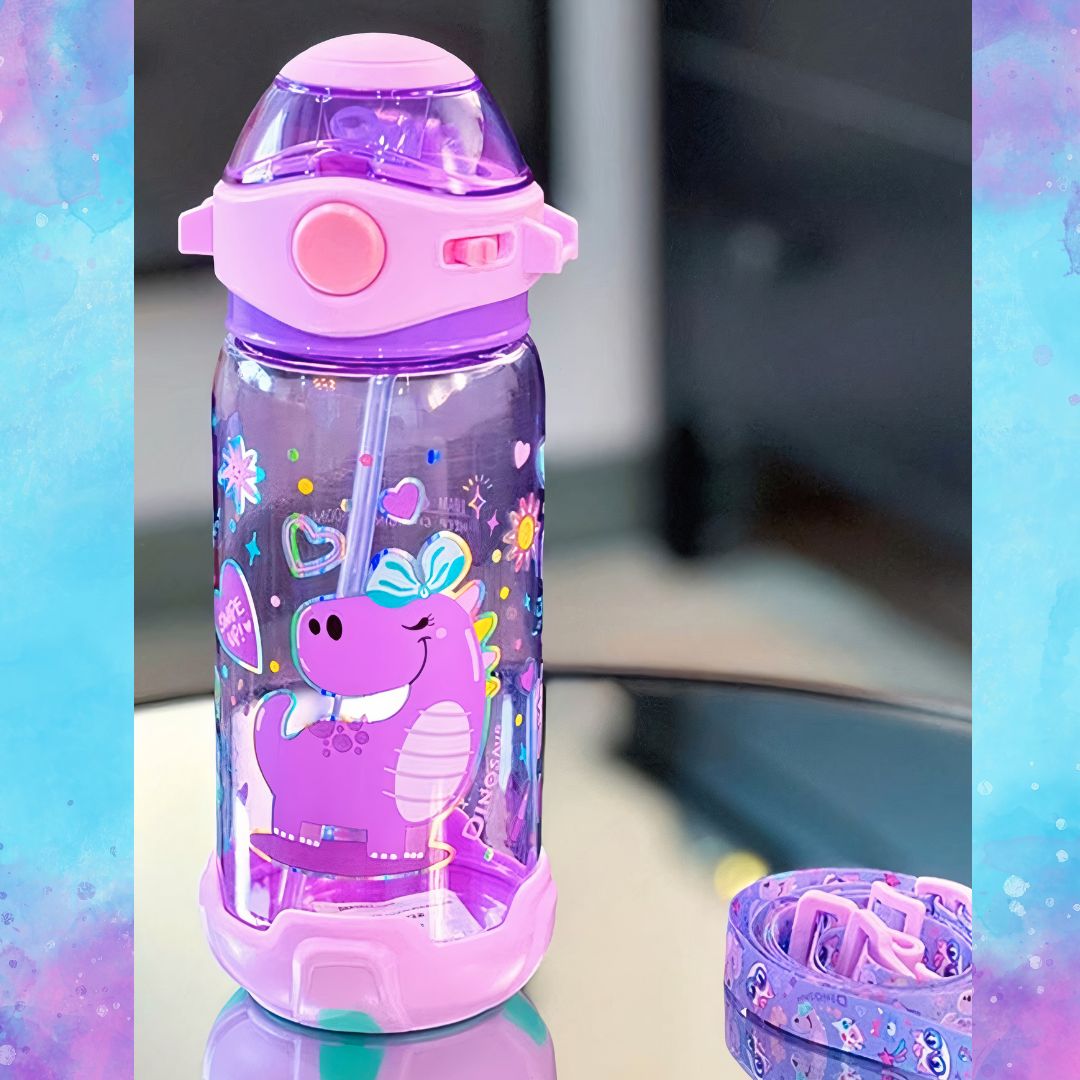 Kids purple dinosaur water bottle with leak-proof sipper, cute cartoon print, detachable lid, and adjustable shoulder strap, made from BPA-free plastic in purple design.