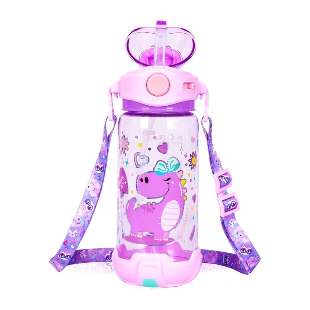 Kids purple dinosaur water bottle with leak-proof sipper, cute cartoon print, detachable lid, and adjustable shoulder strap, made from BPA-free plastic in purple design.