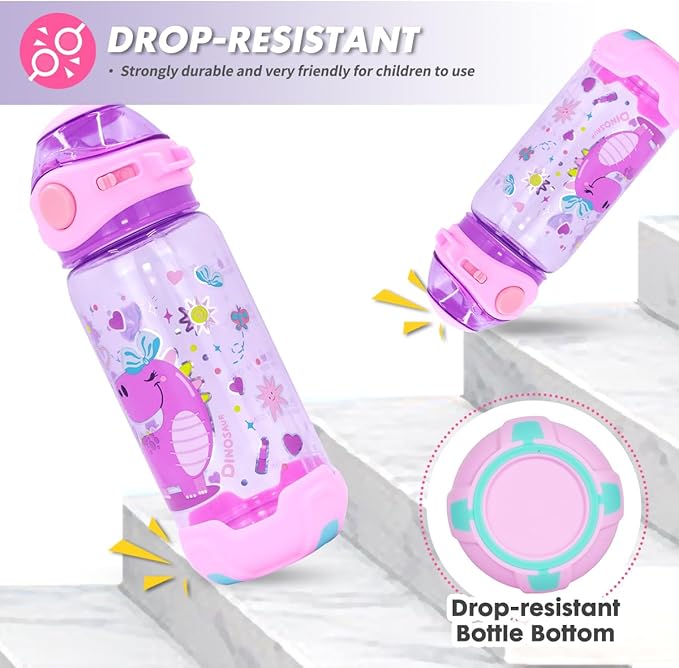 Purple dinosaur themed kids water bottle, drop-resistant and strongly durable, designed to be child-friendly and easy to use.