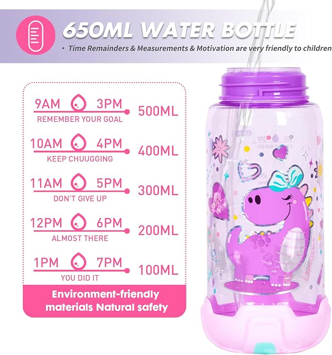 650ml kids water bottle with time reminders and measurement markings on the bottle, designed for easy hydration tracking, made of durable BPA-free plastic.