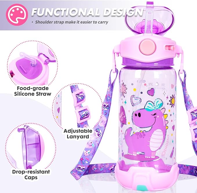 Kids purple dinosaur water bottle with adjustable strap, leak-proof sipper, food-grade silicone straw, drop-resistant caps, and cute cartoon print, made of BPA-free plastic in purple color