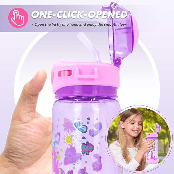 Kids purple dinosaur water bottle with one-click open lid and smooth flow, leak-proof sipper with food-grade silicone straw, drop-resistant caps, adjustable shoulder lanyard, cute cartoon dinosaur print, BPA-free plastic, purple design
