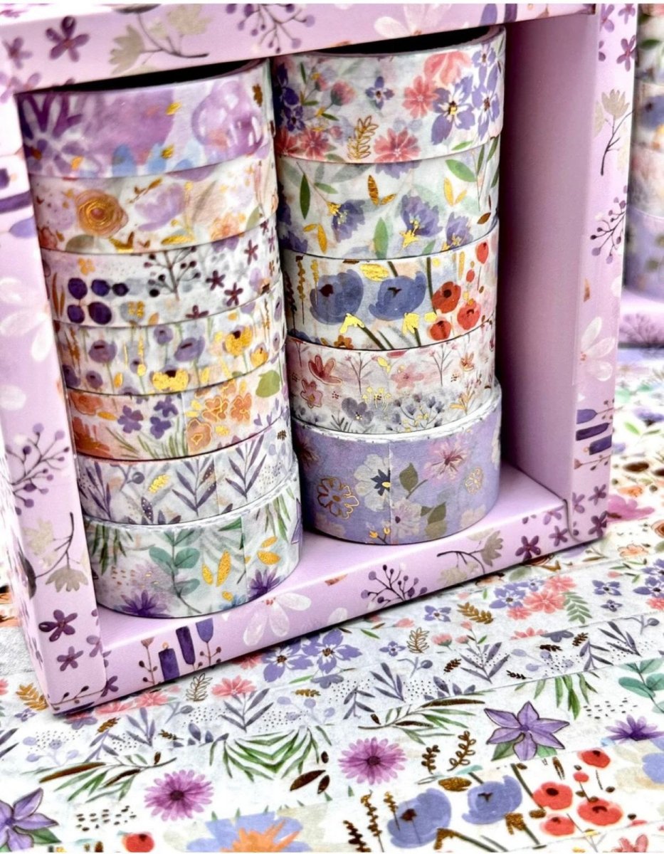 Purple Floral Washi Tape SetDecorative Washi TapeCRAFTY CUDDLESet of floral - patterned tape rolls in a decorative boxart journalingbotanical tape
