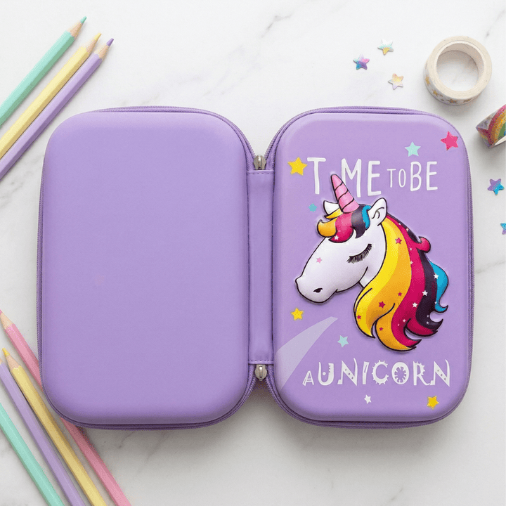 Purple Unicorn EVA Pencil PouchUnicorn EVA pencil pouch boxCrafty CuddlePurple pencil case with unicorn design and text &
