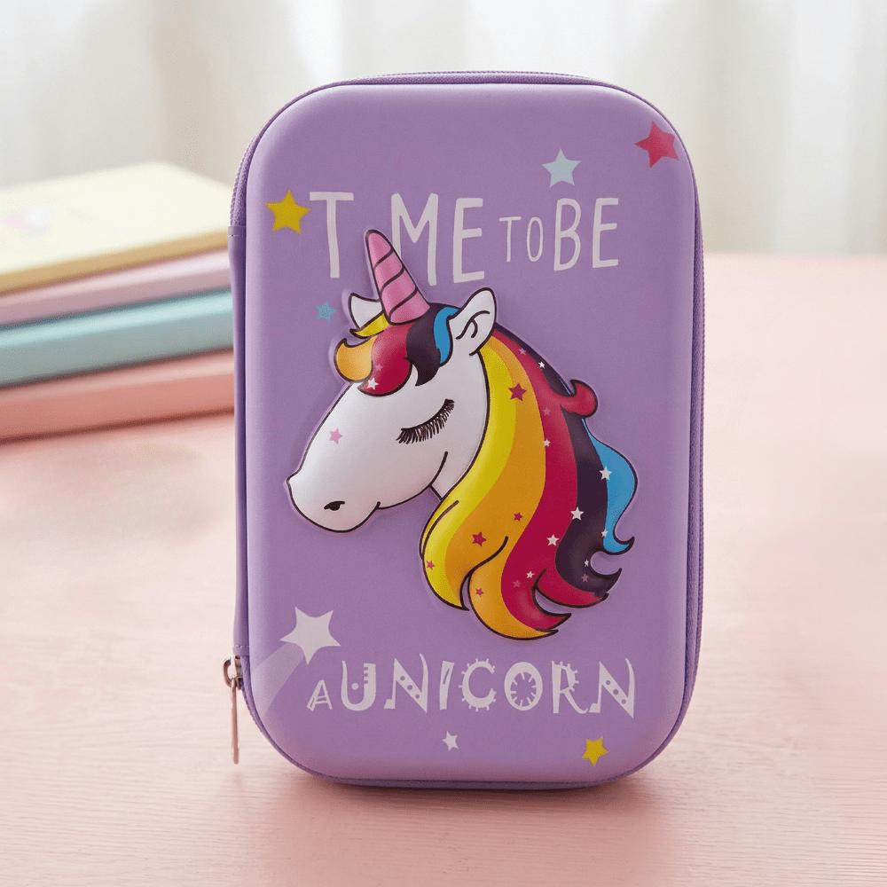 Purple Unicorn EVA Pencil PouchUnicorn EVA pencil pouch boxCrafty CuddlePurple pencil case with unicorn design and 'Time to be a Unicorn' text on a pink surface.Purple Unicorn Big EVA Pouchbig pencil pouch for kidscute pencil pouch