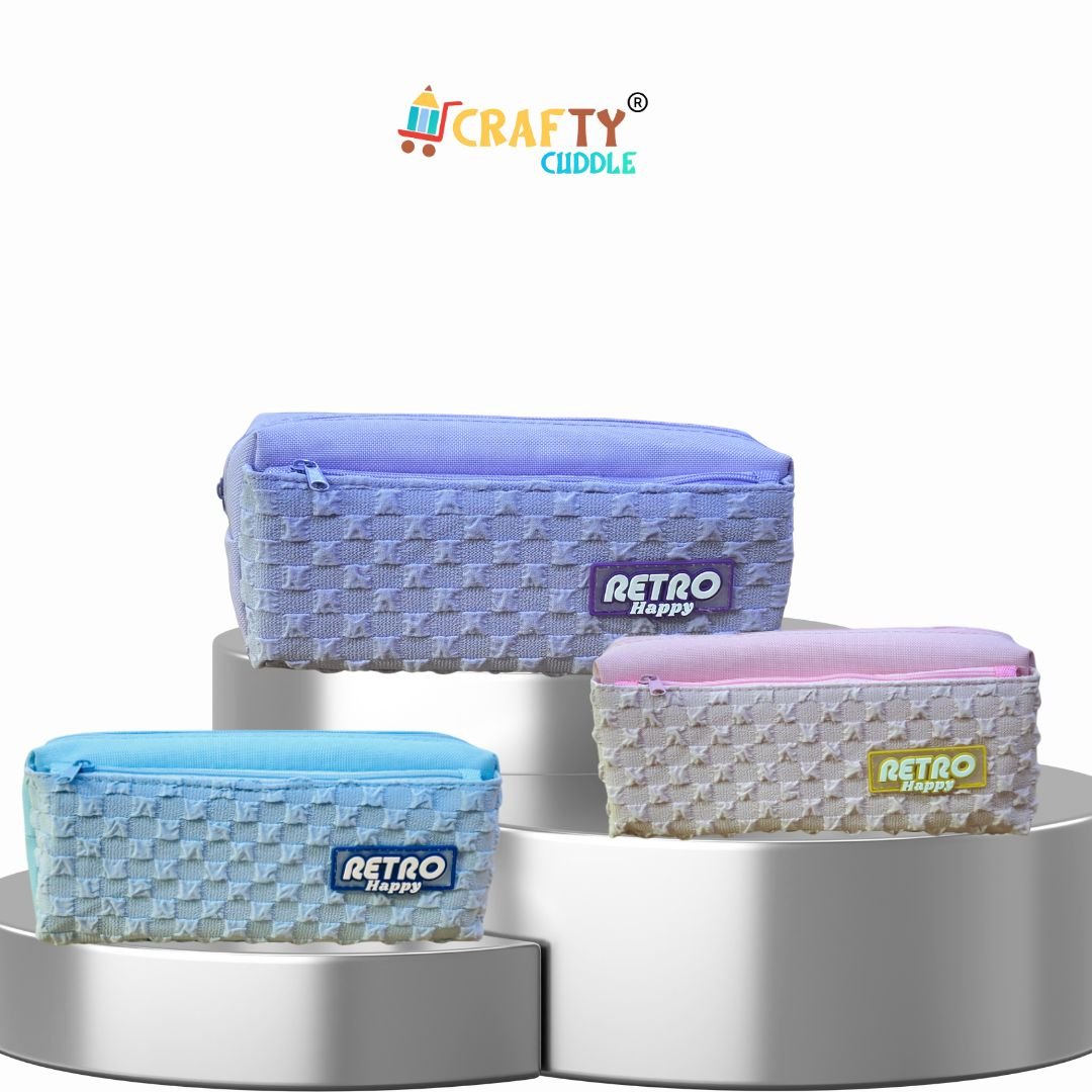 Pastel-colored Retro Happy pencil pouches with waffle texture displayed on silver podiums. Includes blue, pink, and purple zipper pouches, perfect for kids and school use.