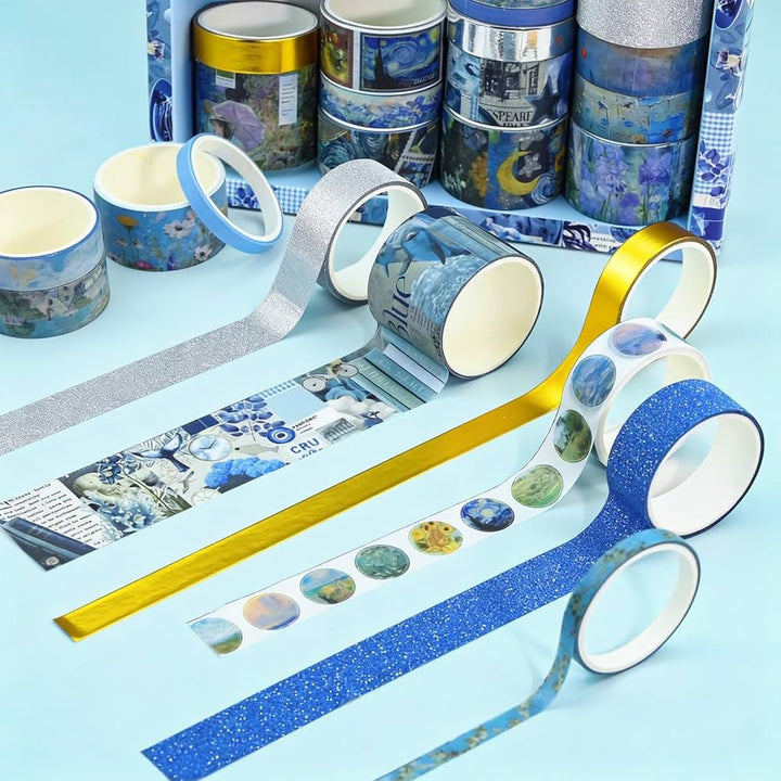 Decorative tape rolls with various designs on a light blue background