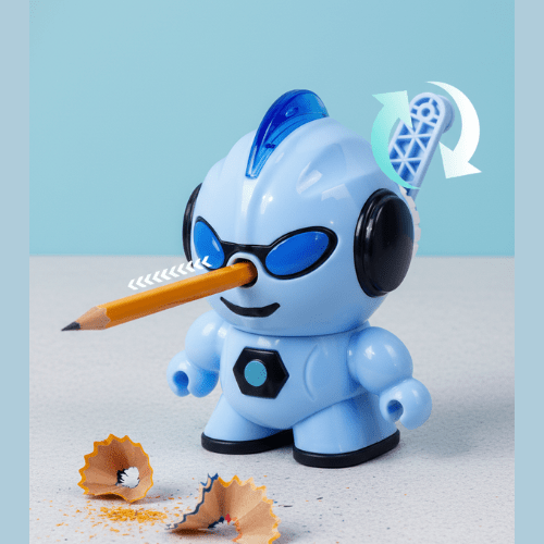 Robot Shape Manual Pencil SharpenerStationery > Erasers &amp; SharpenersCRAFTY CUDDLEBlue robot - shaped pencil sharpener with a pencil and shavings on a light blue backgroundBlueKidsStationery CuteStationery KawaiiStationery SchoolSupplies StationeryAddict CartoonStationery BackToSchool StudyEssentials PastelStationery StationeryLove