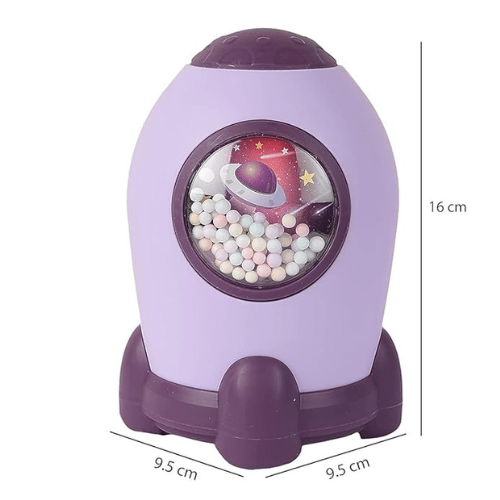 Purple rocket piggy bank with passcode lock, 16 cm tall and 9.5 cm wide – secure money box for kids