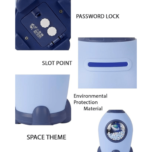 blue rocket theme piggy bank showing password lock, slot point, Environmental Protection Material , Space theme