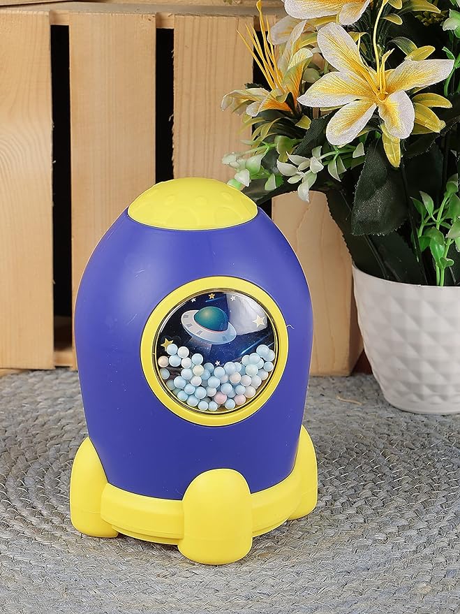 Navy blue rocket piggy bank with secure passcode system for children