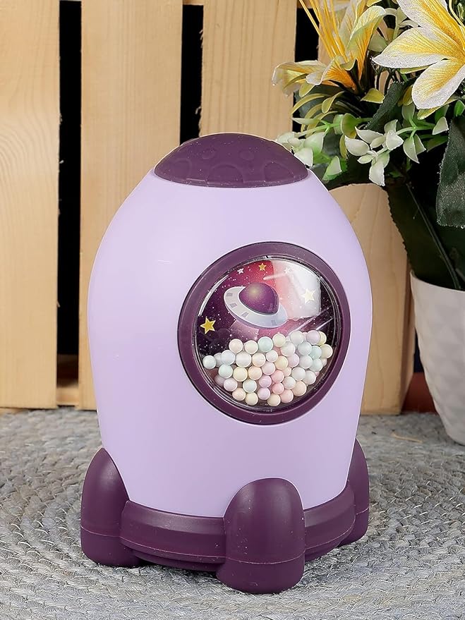 Purple rocket-shaped piggy bank with digital passcode lock and coin slot for kids