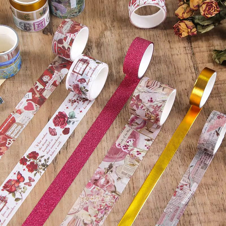 Romantic Floral Washi Tape Set - 24 RollsDecorative Washi TapeCRAFTY CUDDLEDecorative tape rolls with floral and patterned designs on a wooden surface.washitape washitapelove washitapeaddict washitapecollection journaling junkjournal artjournaling creativejournaling aestheticstationery stationerylovers papercrafts vintagestationery botanicalstationery