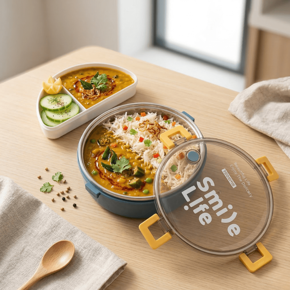 Round Stainless Steel Compartment Lunch BoxStainless Steel Lunch BoxCrafty CuddleOpen lunch box with &