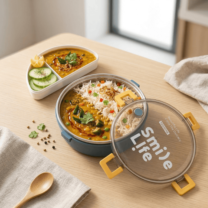 Round Stainless Steel Compartment Lunch BoxStainless Steel Lunch BoxCrafty CuddleOpen lunch box with &