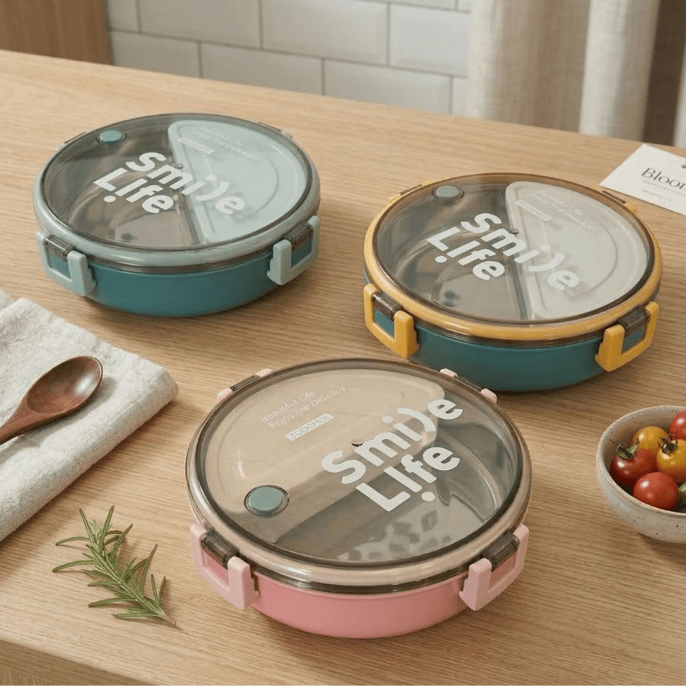 Round Stainless Steel Compartment Lunch BoxStainless Steel Lunch BoxCrafty CuddleThree lunch box with 'Smile Life' text on a wooden tableGreenlunchbox bentobox tiffinbox lunchboxideas mealprep schoollunch officeessentials foodstorage kitchenessentials leakprooflunchbox