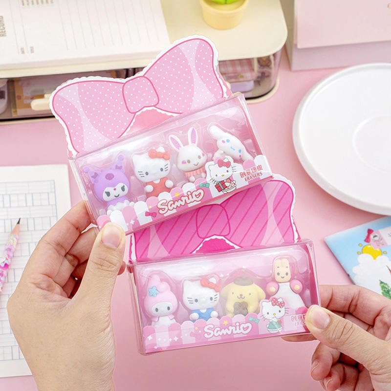Sanrio Erasers SetCRAFTY CUDDLEPink Sanrio character pouches held by a hand on a pink surface.