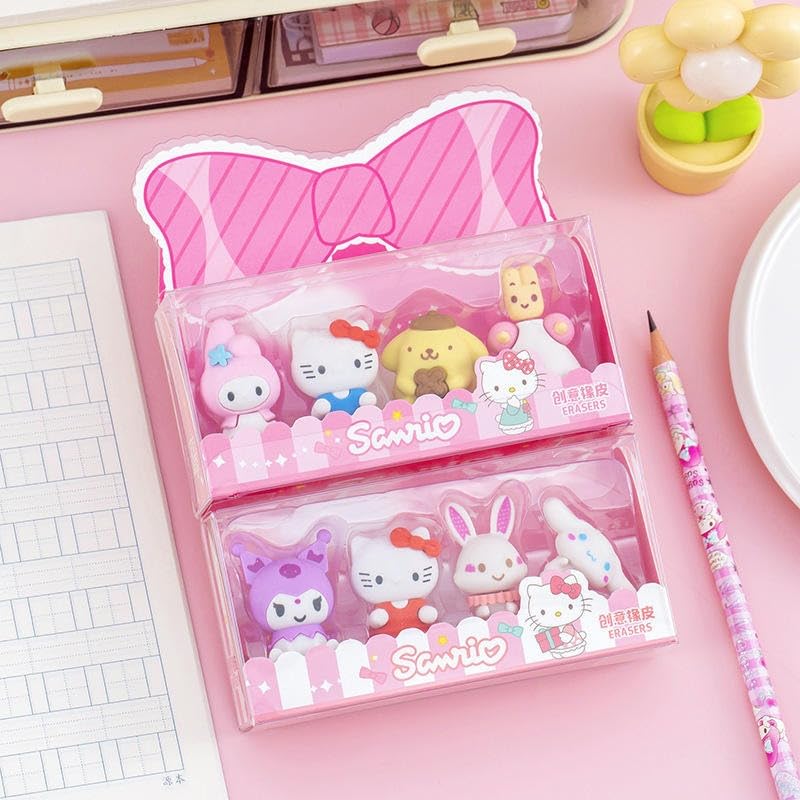 Sanrio Erasers SetCRAFTY CUDDLECartoon character erasers in a pink packaging on a pink surface with stationery items.