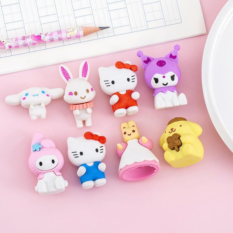 Sanrio Erasers SetCRAFTY CUDDLESet of colorful cartoon character erasers on a pink surface with a pencil and paper in the background.