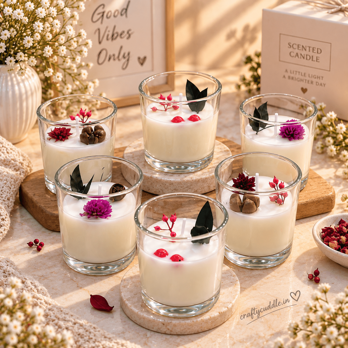 Scented Glass Jar Candle with Dried FlowersCandlesCrafty CuddleScented Glass Jar Candle with Dried Flowers1 PcScentedCandles CandleGiftSet DecorativeCandles HomeDecor FragranceCandles GiftSet CandleSet HomeDecorIndia FestiveGifting CraftyCuddle
