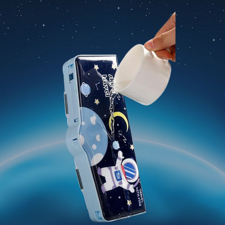 Blue sky travel pencil box with water being poured on it, demonstrating its waterproof feature for durable and protected school supplies.