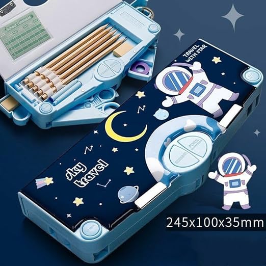 Foldable space-themed storage box with astronaut design, featuring a crescent moon, stars, planets, and 'Sky Travel' text—perfect for organizing stationery, toys, or accessories.