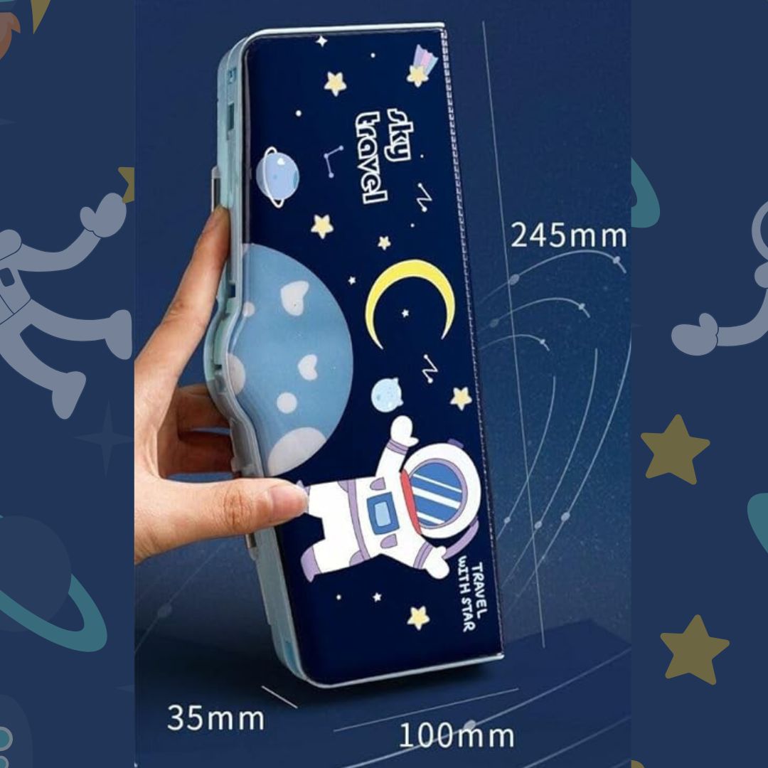 Blue sky travel pencil box with button-activated compartments, shown with measurements 245mm length, 110mm width, and 35mm height — perfect for organized school supplies.