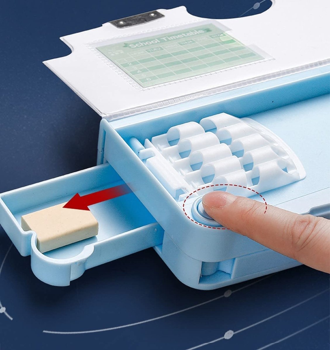 Blue sky-themed travel pencil box with a button-activated sliding compartment for storing small items like erasers, perfect for organized school supplies.