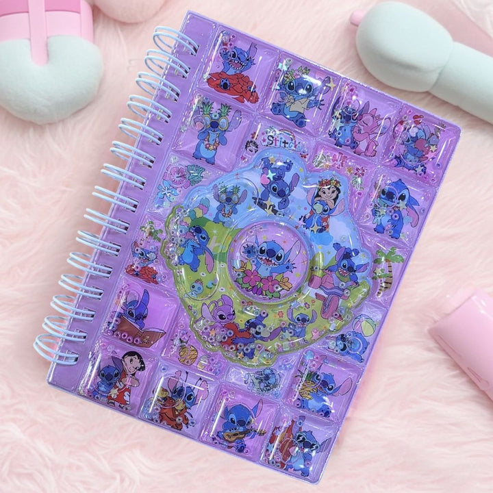 Small Spiral Cartoon Diary with Water CoverCRAFTY CUDDLEPurple notebook with cartoon character stickers on a pink surfaceStitch