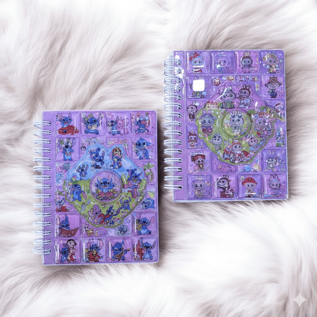 Small Spiral Cartoon Diary with Water CoverCRAFTY CUDDLETwo purple notebooks with character designs on a white fur surfaceStitch
