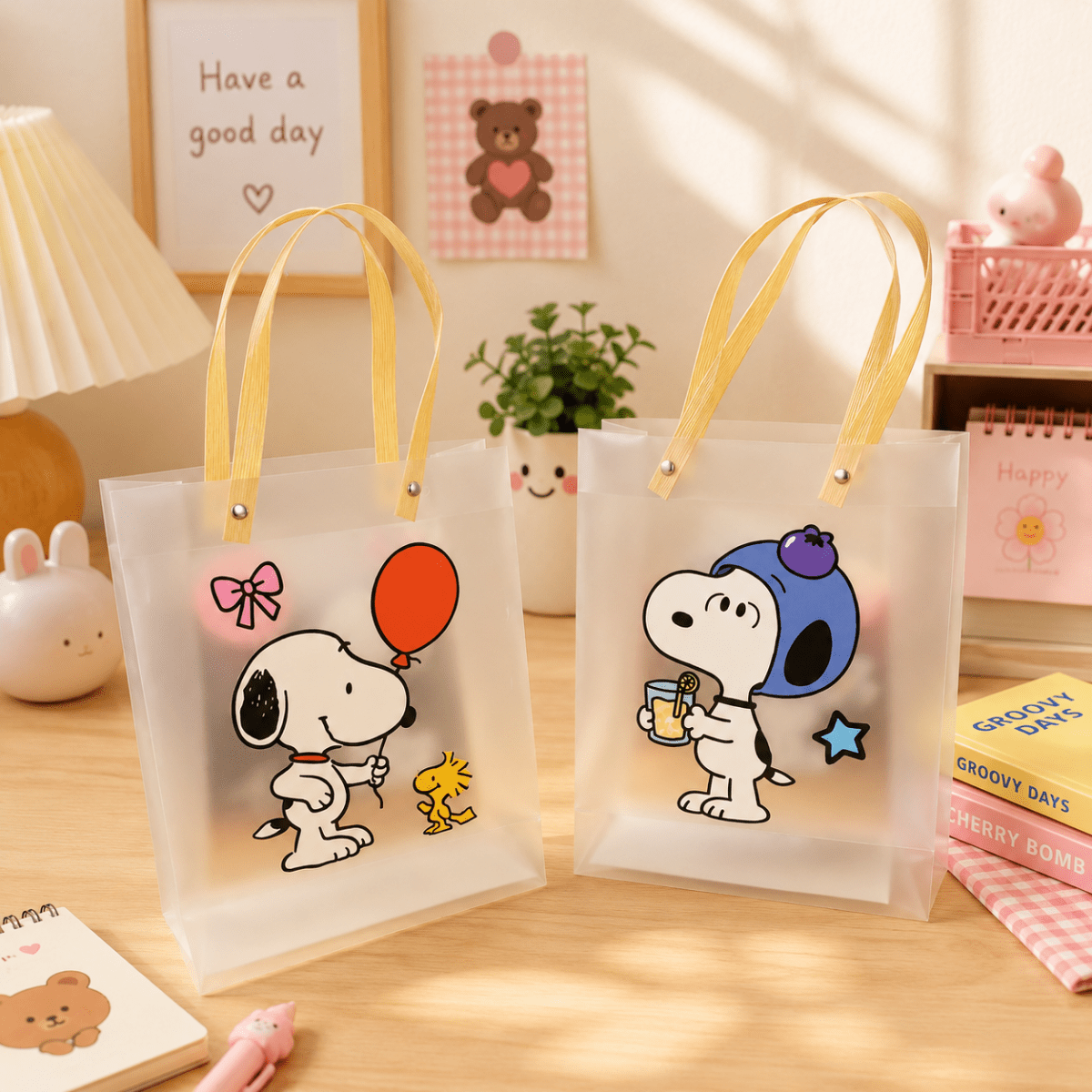 Snoopy Transparent Storage Tote BagTransparent bagCrafty CuddleTwo clear plastic gift bags with yellow handles, printed with cartoon characters Snoopy and Woodstock on a wooden table in a styled room setting.transparent stationery bagtransparent tote bag