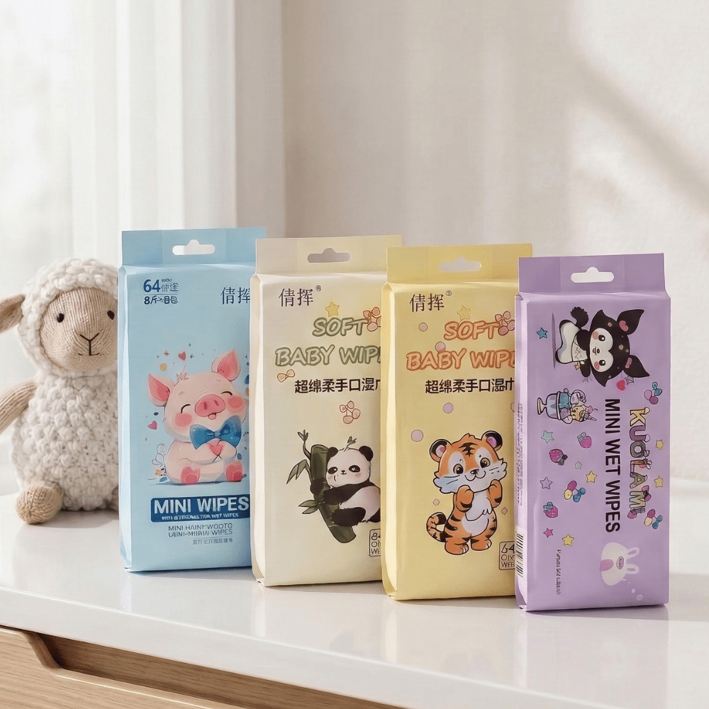 Soft Baby Wet Wipes Pack of 64Wet WipesCrafty CuddleFour packages of baby wipes with cartoon characters on a white surface.BabyWipes SoftBabyWipes MiniWetWipes BabyCareEssentials GentleBabyCare TravelWipes KidsHygiene BabyProducts HandAndMouthWipes ParentingEssentials