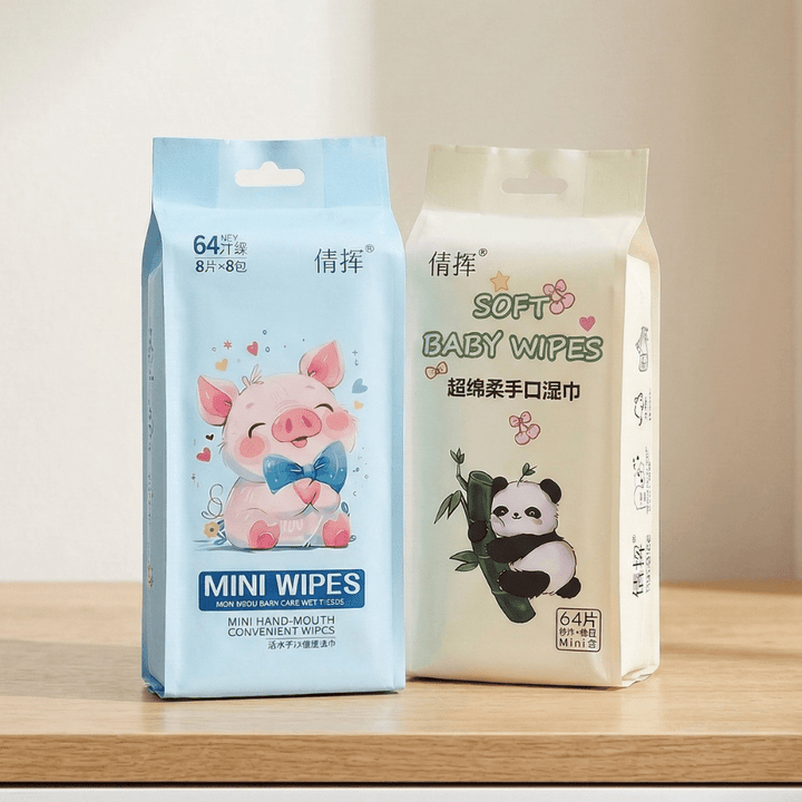 Soft Baby Wet Wipes Pack of 64Wet WipesCrafty CuddleTwo packages of baby wipes with cartoon characters on a wooden surface.BabyWipes SoftBabyWipes MiniWetWipes BabyCareEssentials GentleBabyCare TravelWipes KidsHygiene BabyProducts HandAndMouthWipes ParentingEssentials