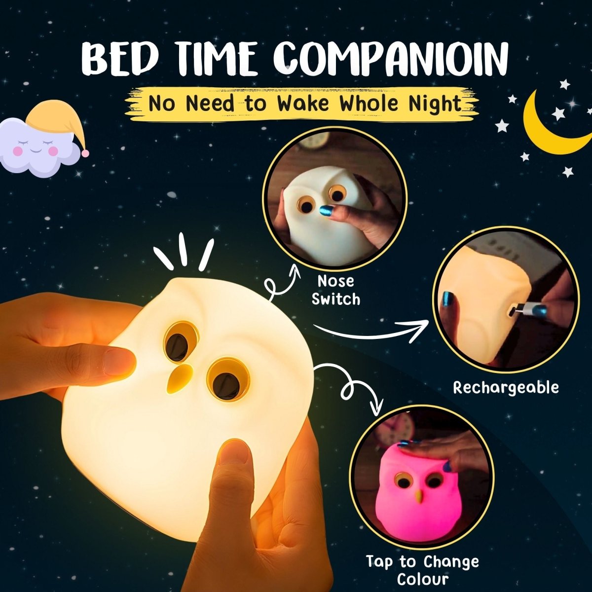Owl-shaped night light with features highlighted on a dark background