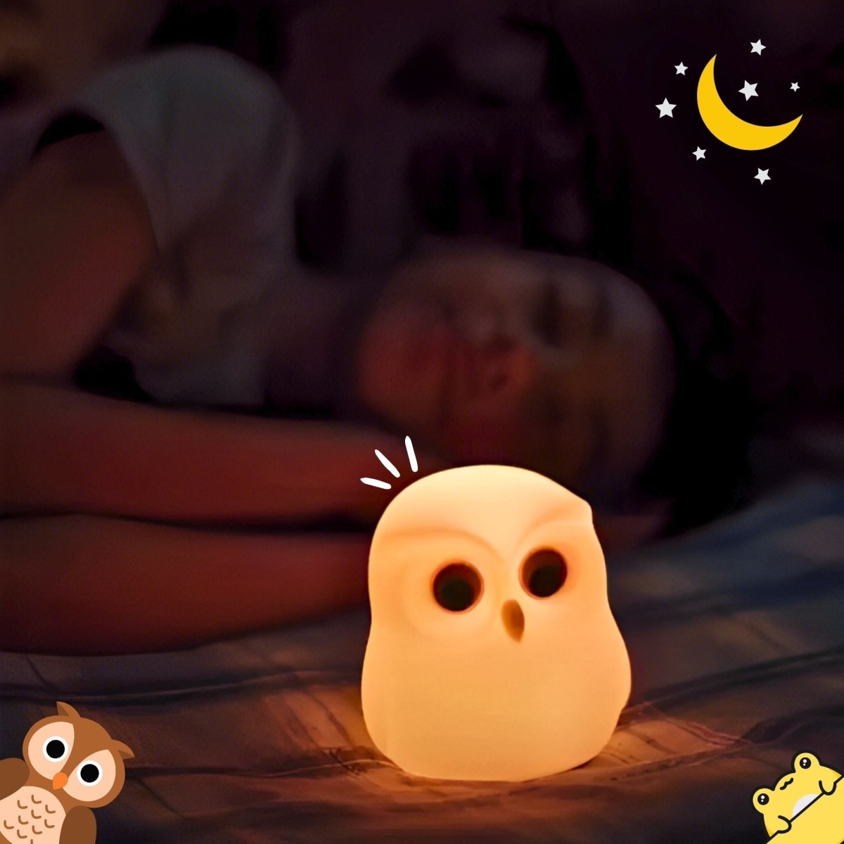 Owl-shaped night light on a dark background with a child and teddy bear.