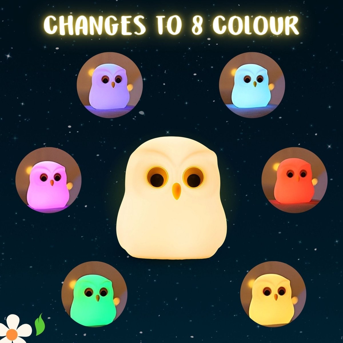 Color-changing owl toy with eight color options displayed on a dark background.