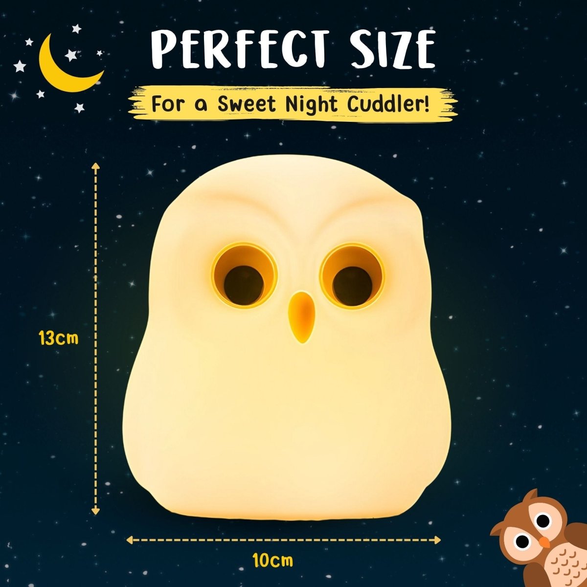 Owl-shaped night light with measurements on a starry night background