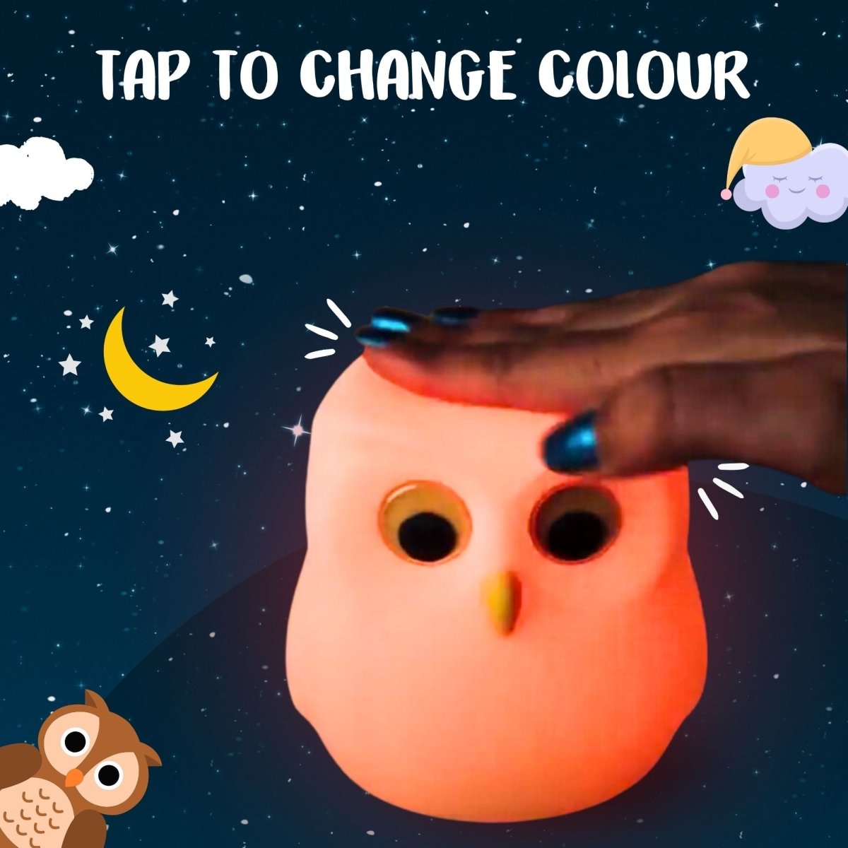 Owl-shaped night light with a hand tapping on it against a starry night sky background.