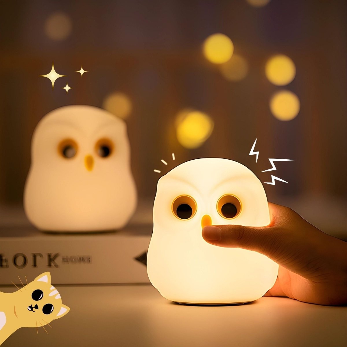 Owl-shaped night light being held with a blurred background