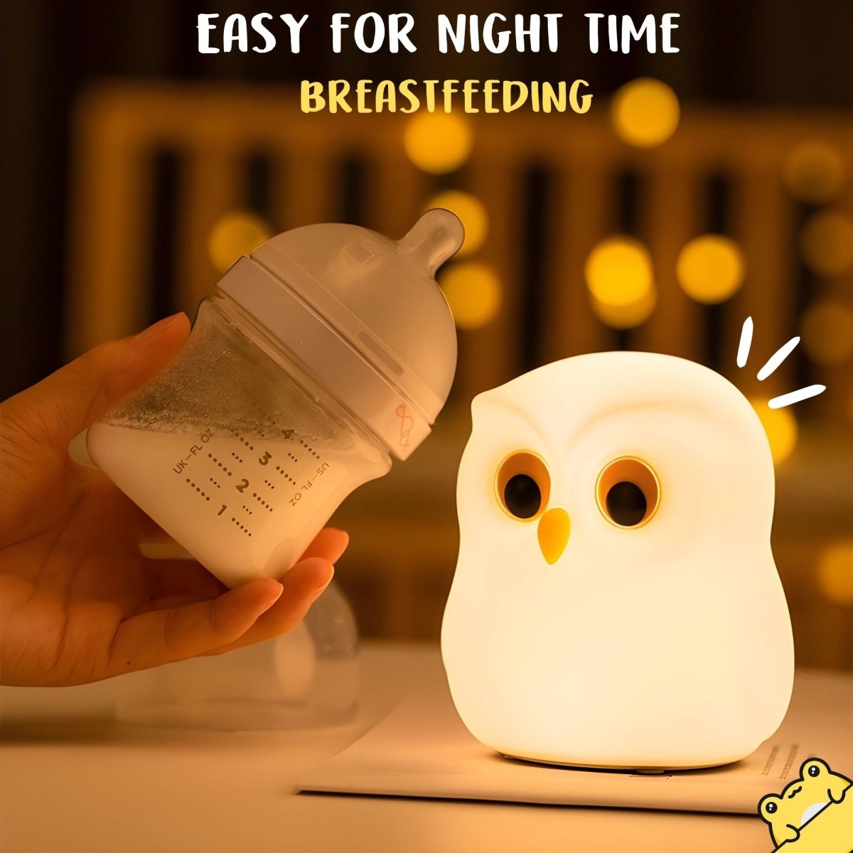 Owl-shaped night light next to a bottle with text 'Easy for night time breastfeeding' on a blurred background.