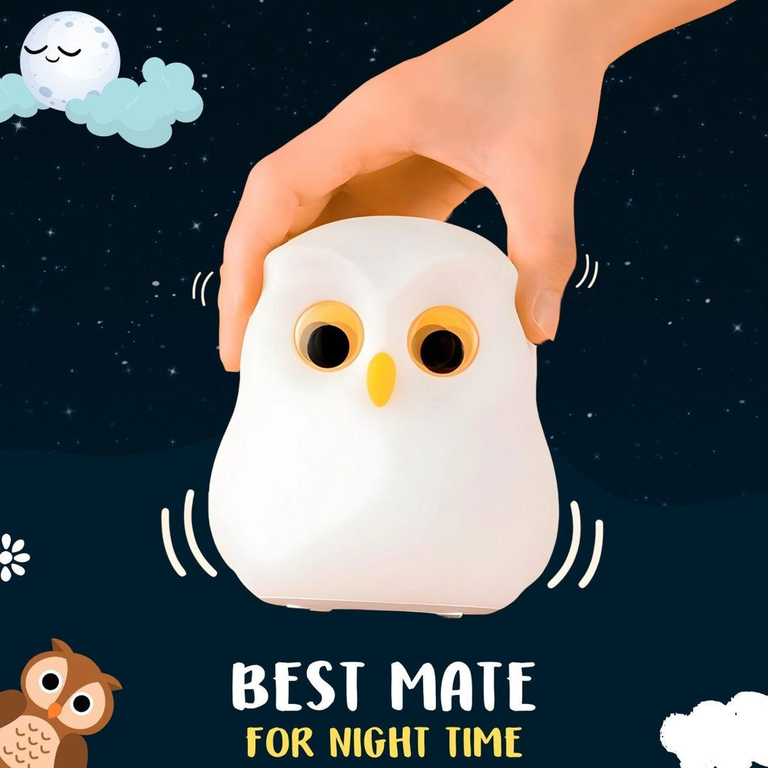 Owl-shaped night light held by a hand with a dark background and cartoon elements.