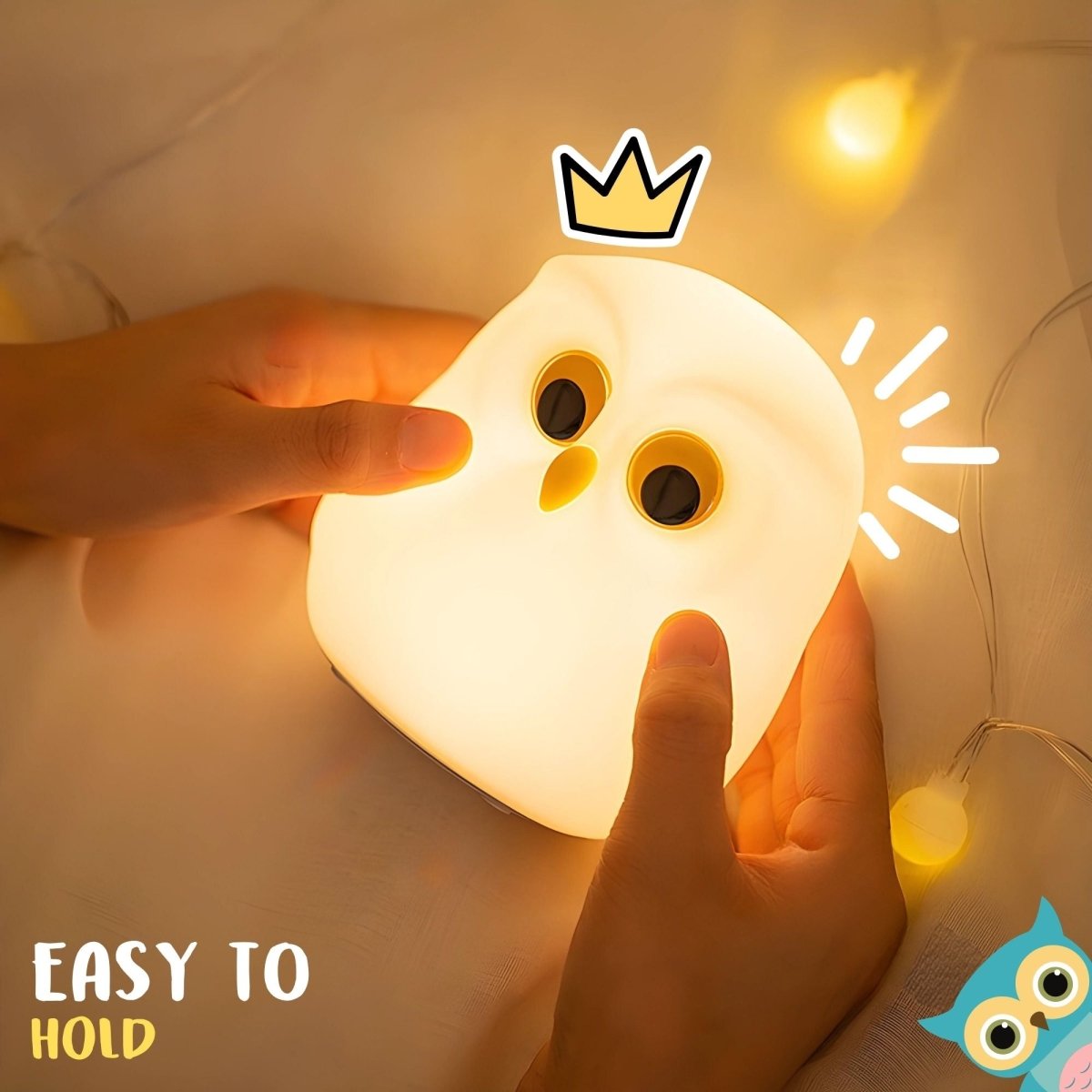 Hand holding a glowing owl-shaped night light with a crown illustration, surrounded by soft lighting.